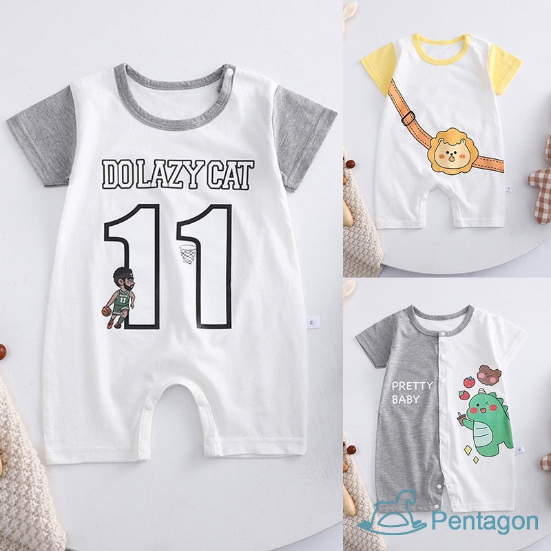 Bộ Áo Liền Quần Tay Ngắn Cổ Tròn In Họa Tiết Hoạt Hình Dễ Thương Cho Bé
