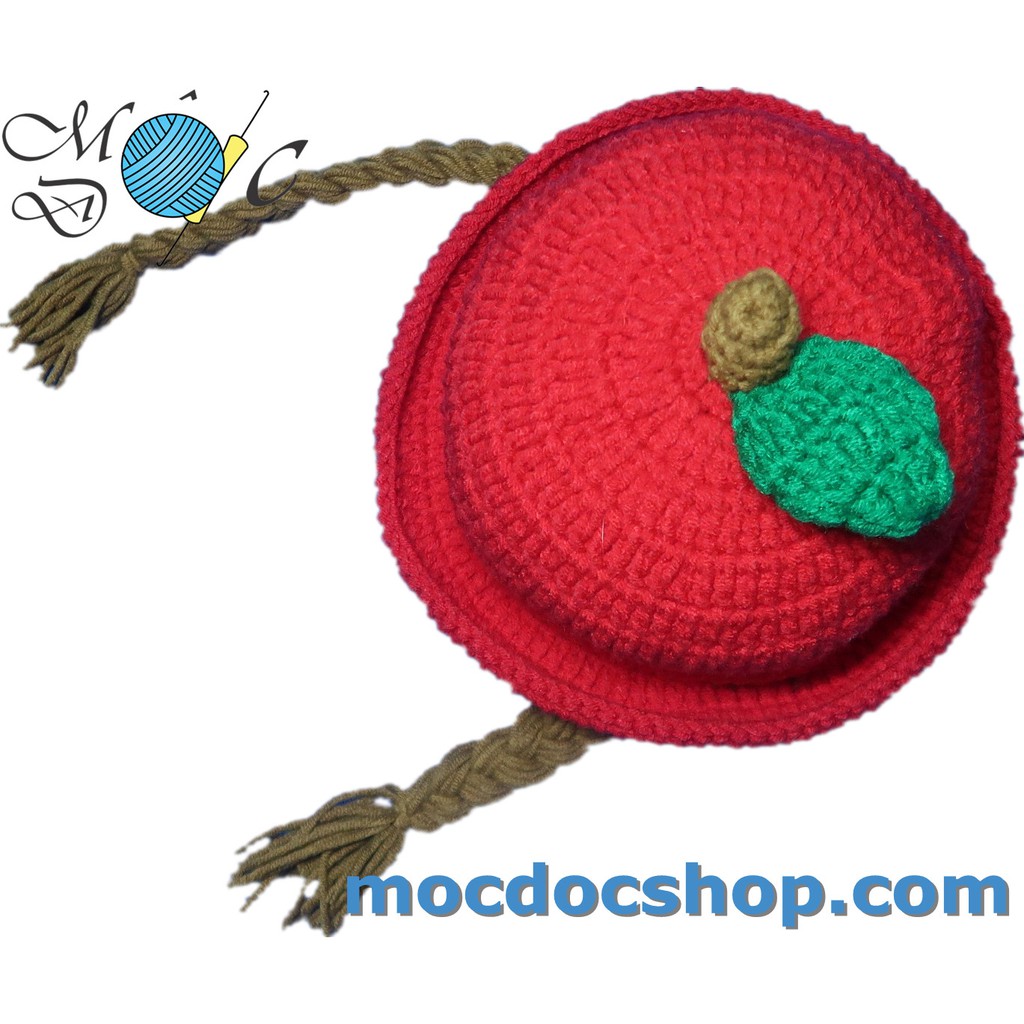 Mũ nón len handmade tóc giả có 2 bím cho bé gái hình trái táo