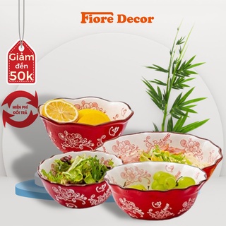 Bộ bát đĩa - bộ bát đĩa đẹp - họa tiết hoa trắng nền đỏ - bán lẻ từng món