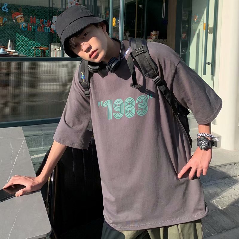 Áo thun cổ tròn dáng rộng in chữ phong cách Nhật Bản thời trang cho nam size M-5XL 1983
