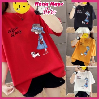 Áo thun nam nữ form rộng, Áo phông tay lỡ, chất liệu thun cotton co giãn, áo unisex in hình cô gái, chữ Nice Day