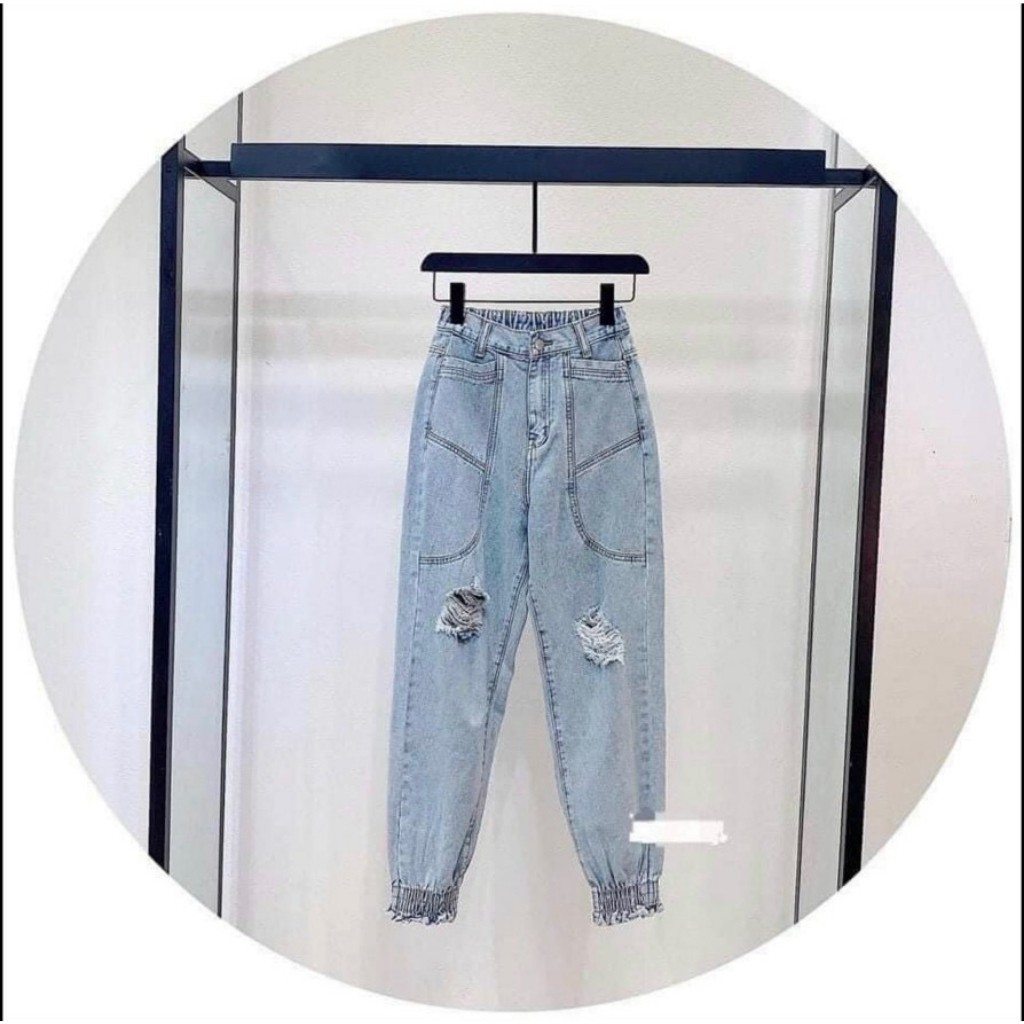 Quần Jeans Nữ Dáng Joggers Bo Gấu Cạp Cao Mài Rách Hottrend