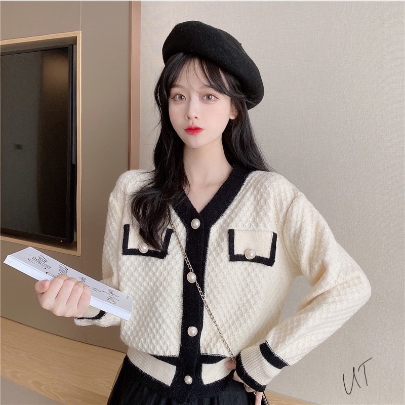 Áo cadigan len khuy ngọc viền túi dài tay cổ tim KL1847 - NhiNhi Shop