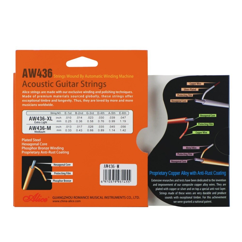 Bộ 6 dây Guitar Acoustic Phosphor Bronze  Alice AW436,  AW436 Acoustic Guitar String Set, Phosphor Bronze