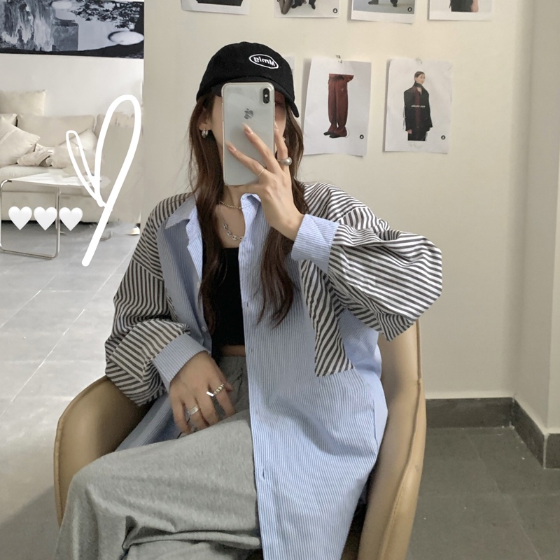 Áo Sơ Mi Tay Dài Kẻ Sọc Thời Trang Retro Hồng Kông Cá Tính