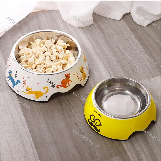 BÁT ĂN CHÓ MÈO BẰNG NHỰA MELAMINE CAO CẤP, KÈM CHÉN INOX, BỌC CAO SU CHỐNG TRƠN TRƯỢT - KHAY ĐỰNG THỨC ĂN THÚ CƯNG