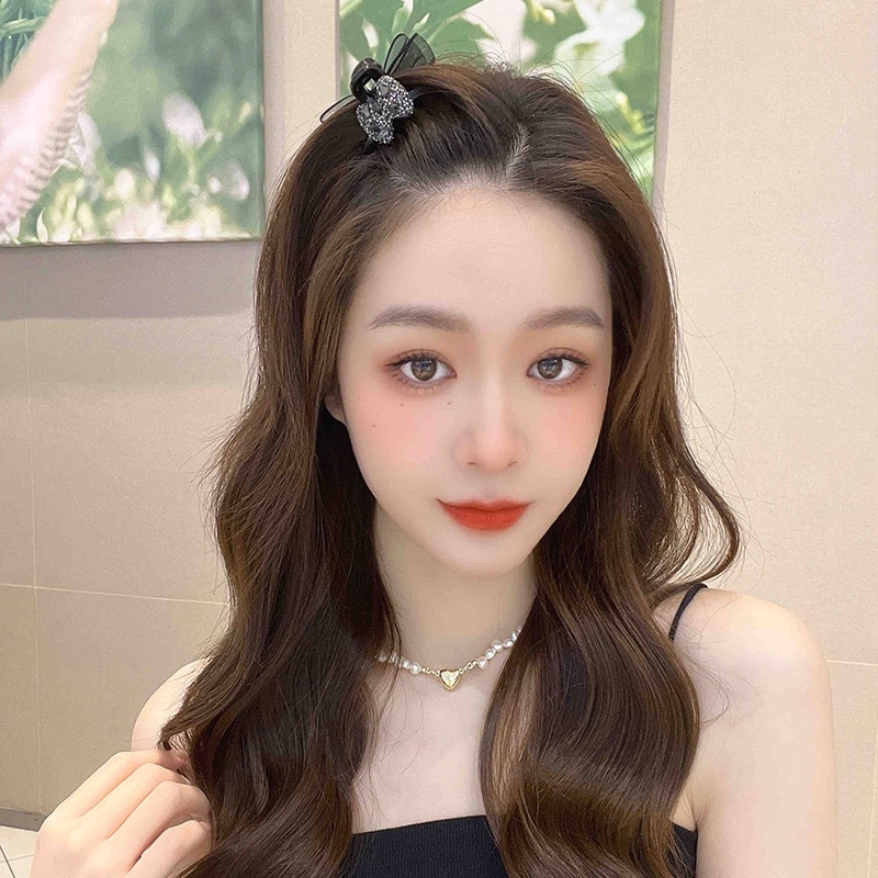 Set 2 chiếc kẹp tóc mái nơ lưới đính đá và hình nơ kẹp tóc mái xinh xắn dễ thương phong cách Hàn Quốc