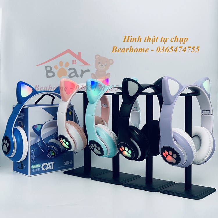 Tai Nghe Bluetooth Chụp Tai Có Sẵn Micro Và Tai Mèo Phát Sáng, Tai Nghe Mèo Không Dây Chơi Game, Headphone Gaming