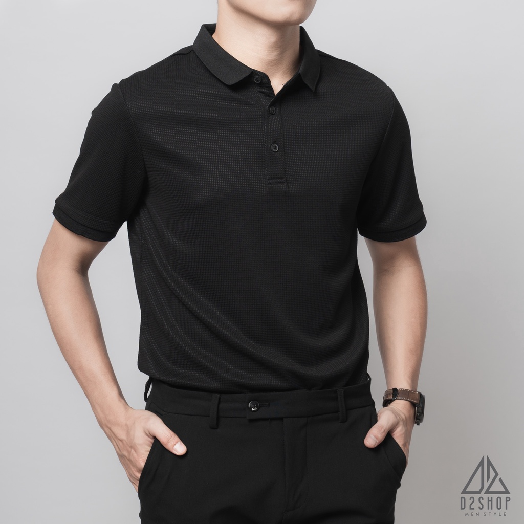 Áo thun polo nam D2shop, áo polo nam dệt kim, màu đen