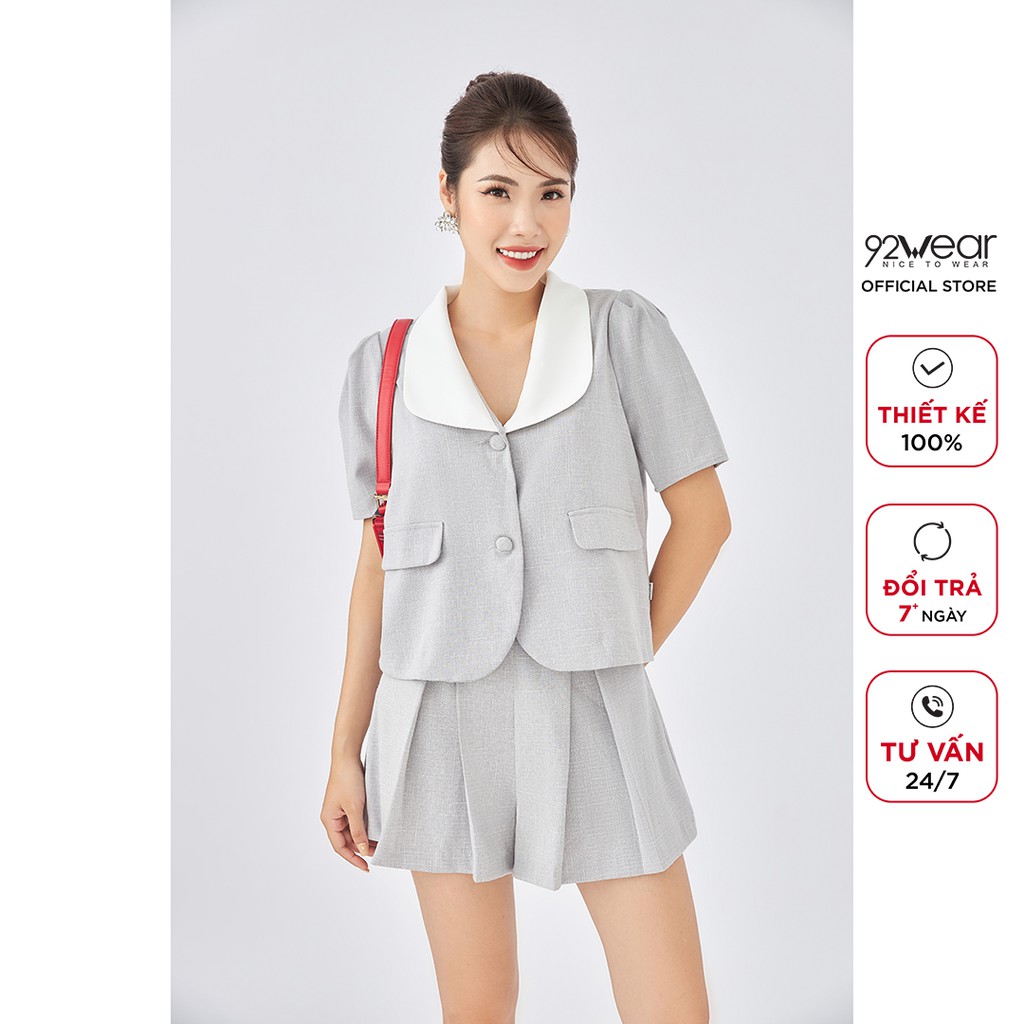 Áo sơ mi kiểu nữ 92WEAR ngắn tay phối cổ trắng phù hợp công sở ASA1666