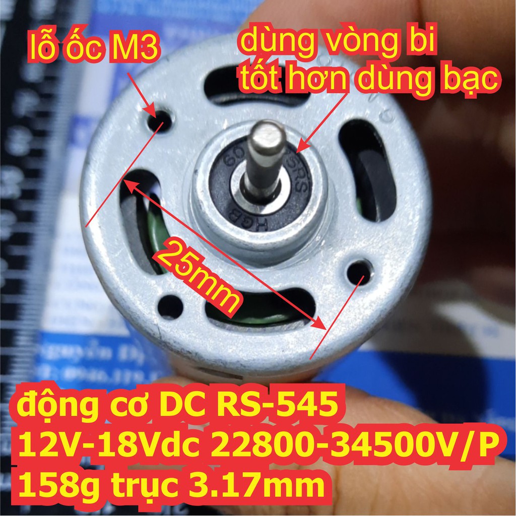 động cơ DC RS-545 GRS545VFB5515/72 12V-18Vdc 22800-34500V/P 158g trục 3.17mm kde6737