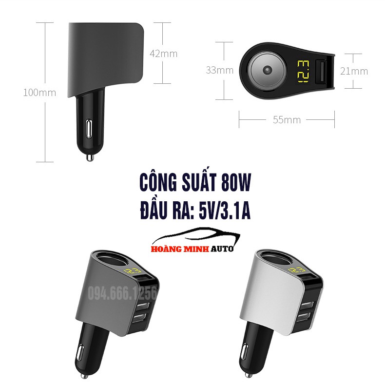 Tẩu Sạc ô tô, xe hơi Hyundai chính hãng - Có Đèn Led Báo Điện Áp Ắc Quy - Đầu ra 3 cổng USB, 1 cổng tẩu tròn