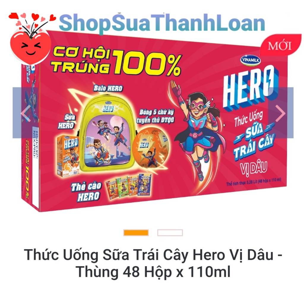 [HSD T10-2022] [Sưu Tầm Quà] Thùng 48 Hộp Thức Uống Sữa Trái Cây Hero Vị Dâu 110ml