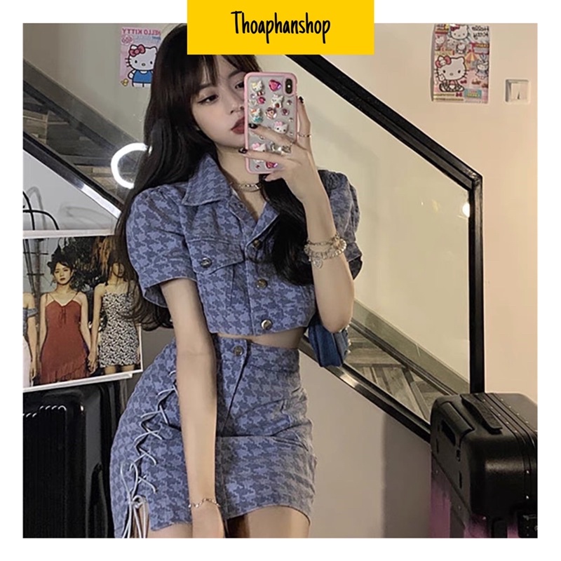 SET KHOÁC JEAN CROPTOP + ÁO HAI DÂY + CHÂN VÁY ĐAN DÂY [kèm ảnh thật ]