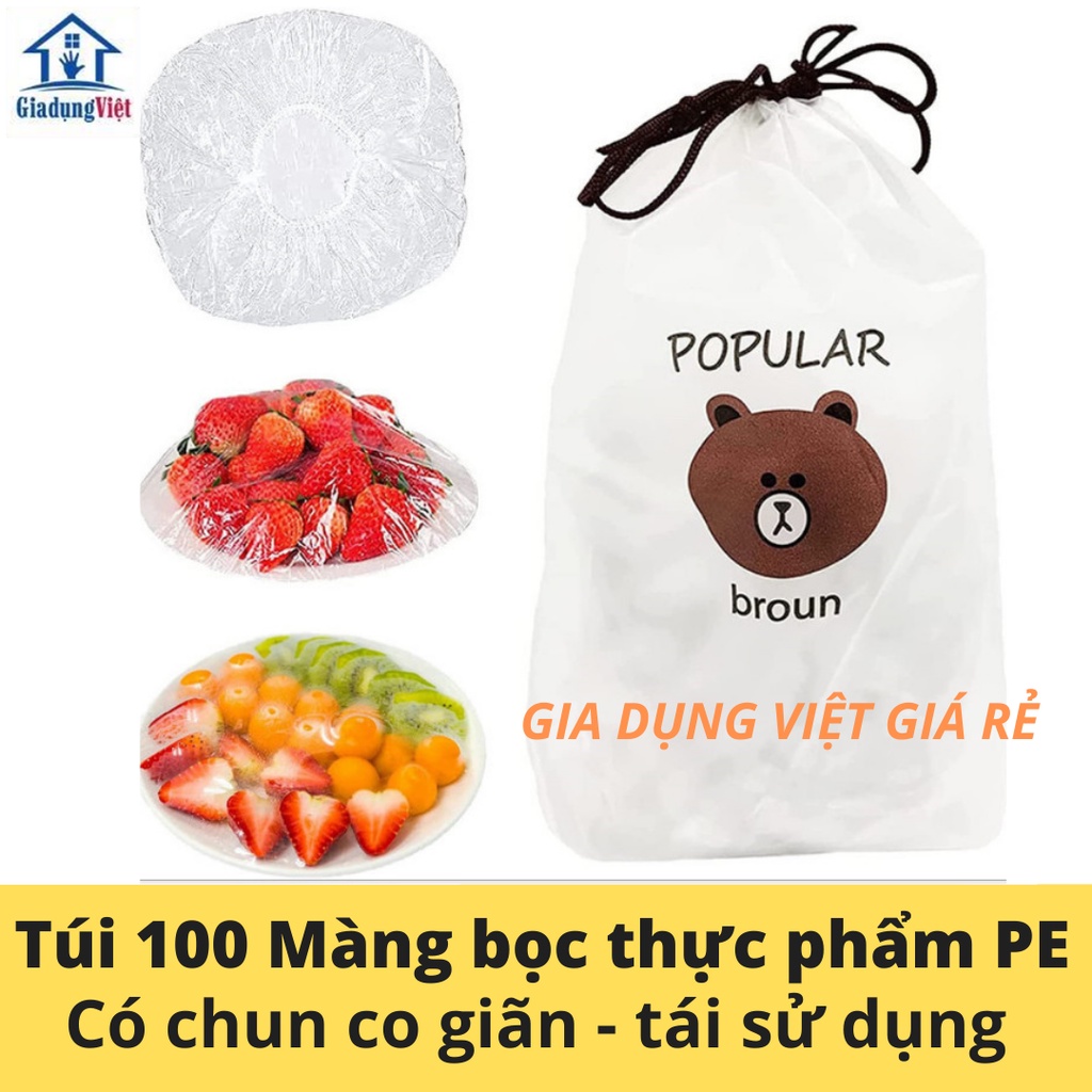 TÚI 100 Màng Bọc Thực Phẩm Có Chun Co Dãn Tái Sử Dụng (Gói 100c Kèm Túi Gấu)