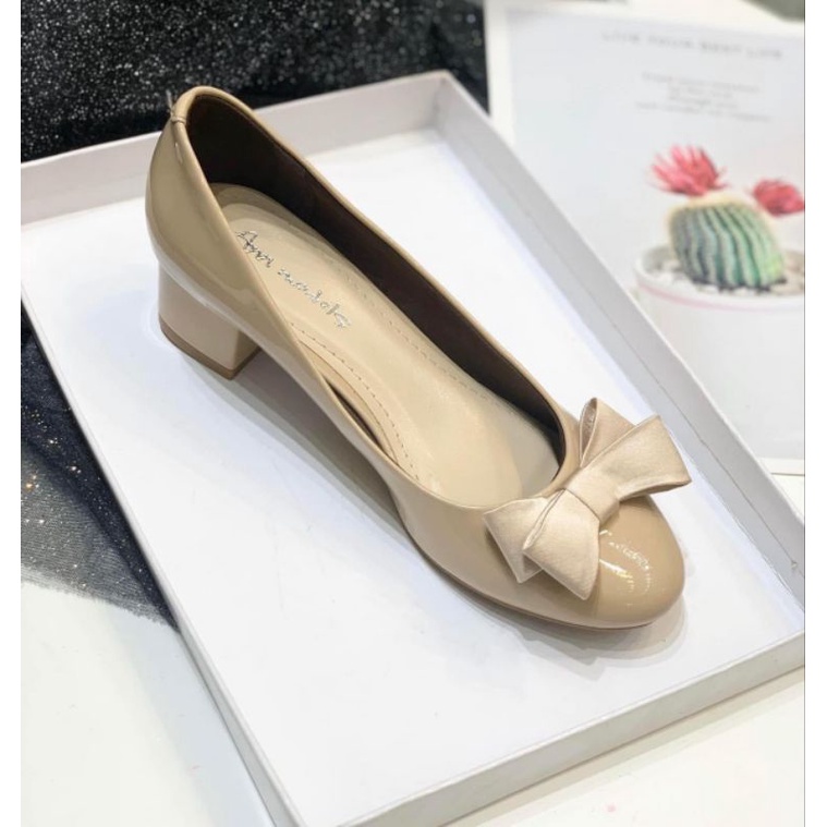 Giày cao gót công sở 3 phân mũi tròn gót vuông gắn nơ lụa