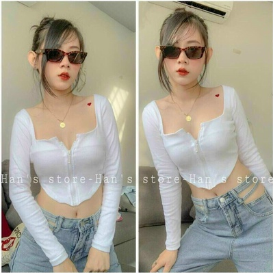 Áo kiểu dây kéo ngực tay dài tà nhọn chất bozip thun mềm
