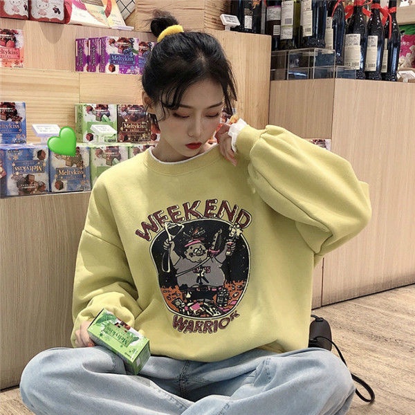 COZOK Áo sweater tay dài dáng rộng in họa tiết thời trang Hàn Quốc