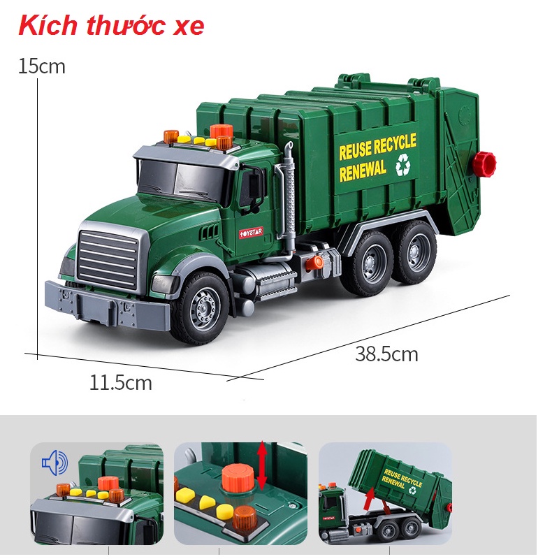 Xe ô tô chở rác đồ chơi trẻ em mô hình xe cỡ lớn có âm thanh và đèn kèm 3 thùng rác  hãng Toystar