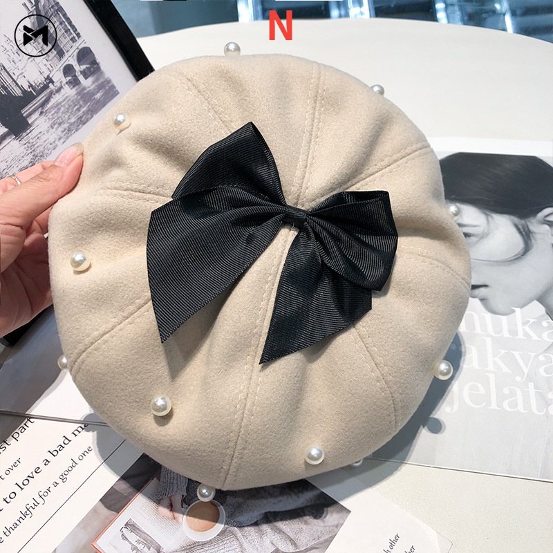 Mũ Beret Len Đính Nơ Ngọc Trai Phong Cách Lolita Nhật Bản