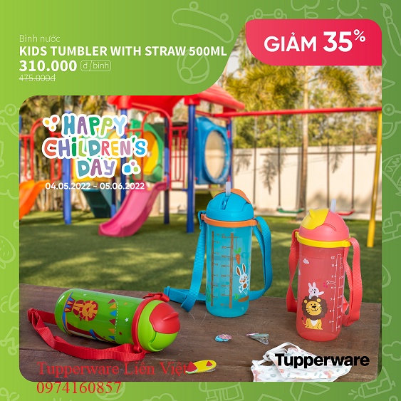 Bình Nước Kids Printable Straw Tumbler 500ML Tupperware - Nhựa nguyên sinh an toàn - Có ống hút - Bảo hành trọn đời