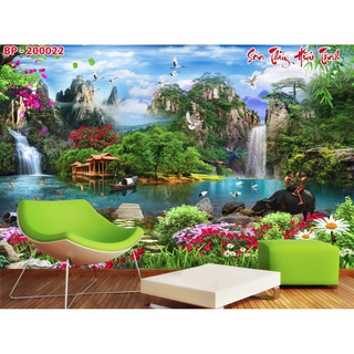Tranh dán tường phòng khách , Sơn Thủy Hữu tình (đã tích hợp sẵn keo),022