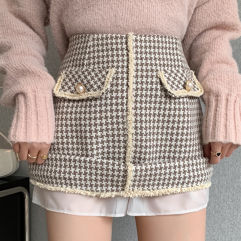 IELGY   Chân Váy Len Lưng Cao Họa Tiết Sọc Caro Phong Cách Hàn Quốc