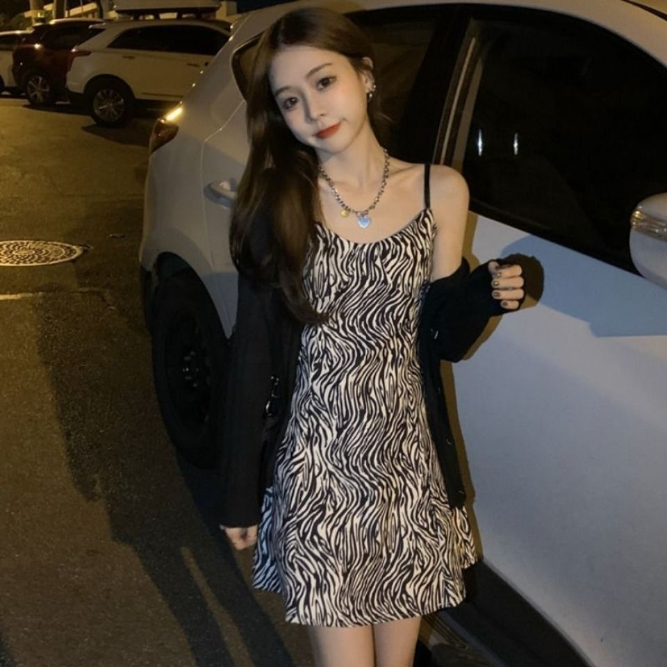 Bộ Áo Khoác Cardigan + Đầm Hai Dây Họa Tiết Ngựa Vằn Thời Trang Mùa Hè Dành Cho Nữ