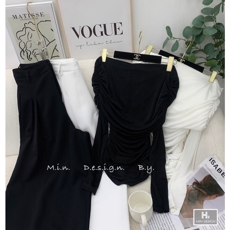 Set áo nhún trễ vai quần xuông ống rộng