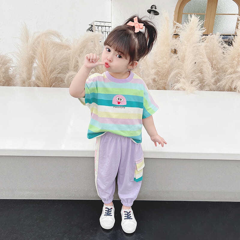 Set Áo Thun Tay Ngắn Phối Quần Dài Màu Sắc Thời Trang Hè Xinh Xắn Cho Bé Gái