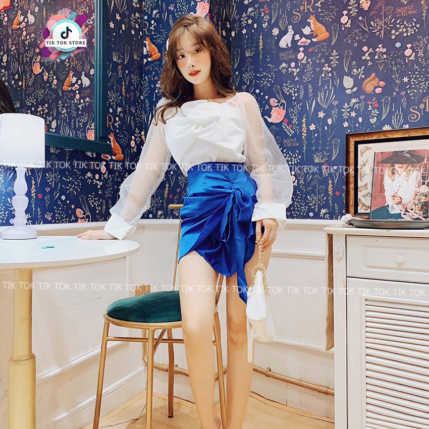 Áo voan tay phối nơ và chân váy ôm Tik Tok Store, set áo và chân váy | BigBuy360 - bigbuy360.vn