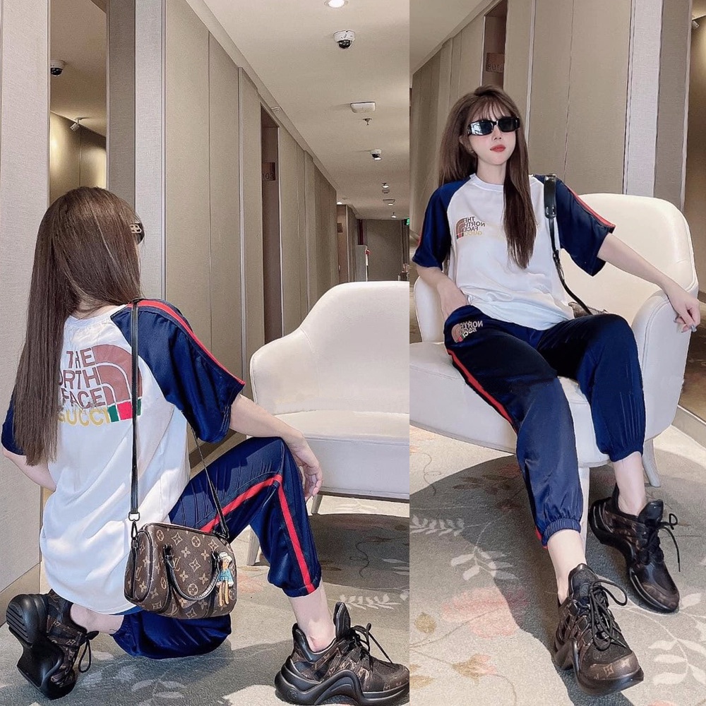 Set Bộ Thun Lạnh Thể Thao Form Rộng Bo Chân Phối Màu Xanh Đen Mát Mẻ Thoải Mái