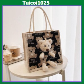 Túi cói túi tole mini kèm gấu có khóa kéo phong cách Vintage túi xách nữ cói họa tiết bò sữa siêu đáng yêu | BigBuy360 - bigbuy360.vn