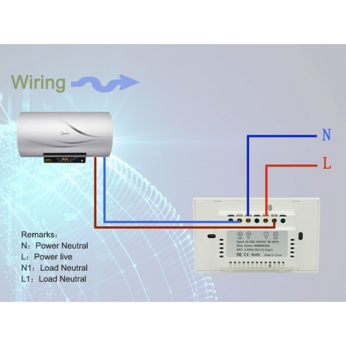 Công Tắc Bật Tắt Bình Nóng Lạnh Có Hẹn Giờ 20A Wifi Tuya NL01