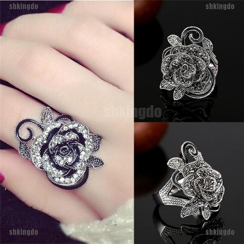 Nhẫn Hình Hoa Hồng Đen Đính Đá Phong Cách Retro