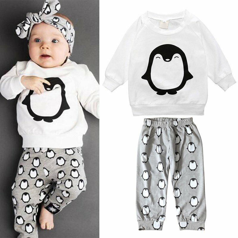 Bộ áo thun tay dài + quần dài họa tiết chim cánh cụt đáng yêu dành cho bé