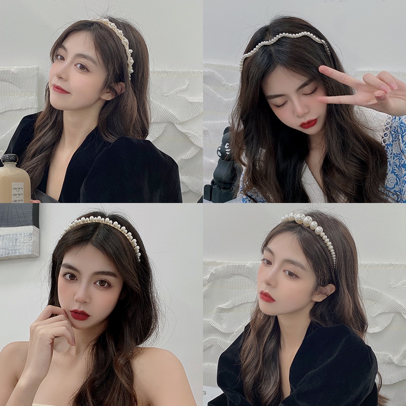 Băng đô mỏng chống trượt đính ngọc trai phong cách Hàn Quốc