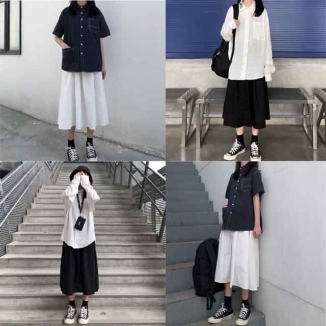 CHÂN VÁY KAKI DÀI XOÈ TRƠN TRẮNG ĐEN BE MIDI ULZZANG UNISEX