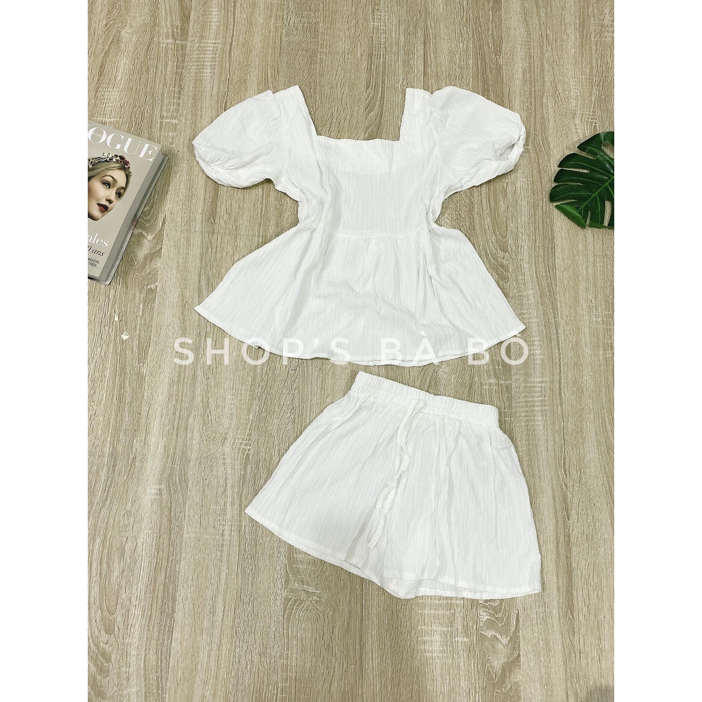 Set đũi thô, cổ vuông, tay phồng cho nữ mặc nhà, mặc đi chơi, vải siêu đẹp, màu tôn da