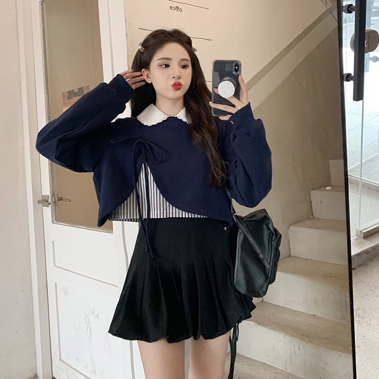 Set Áo Thun Dài Tay Cổ Tròn + Quần short Lưng Cao Thời Trang Hàn Cho Nữ