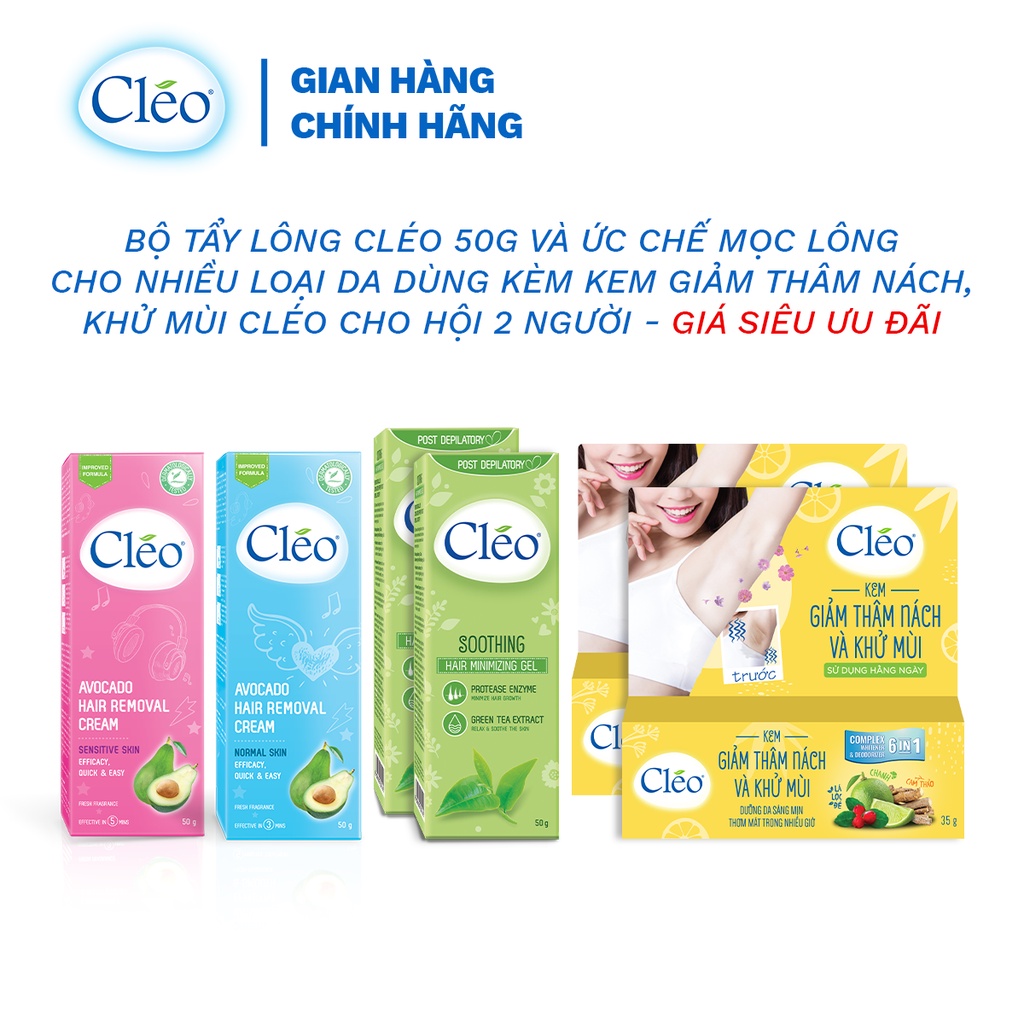 Bộ Kem tẩy lông Cleo cho da nhạy cảm 25g và da thường 50g, 2 Gel dịu da 50g kèm 2 kem giảm thâm và khử mùi 35g