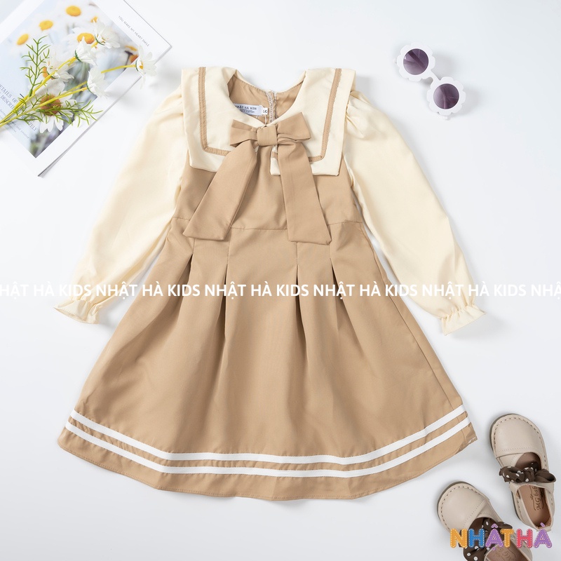 Váy bé gái thu đông NHẬT HÀ cổ thủy thủ kèm nơ xinh xắn dáng tay dài size đại từ 11-45kg