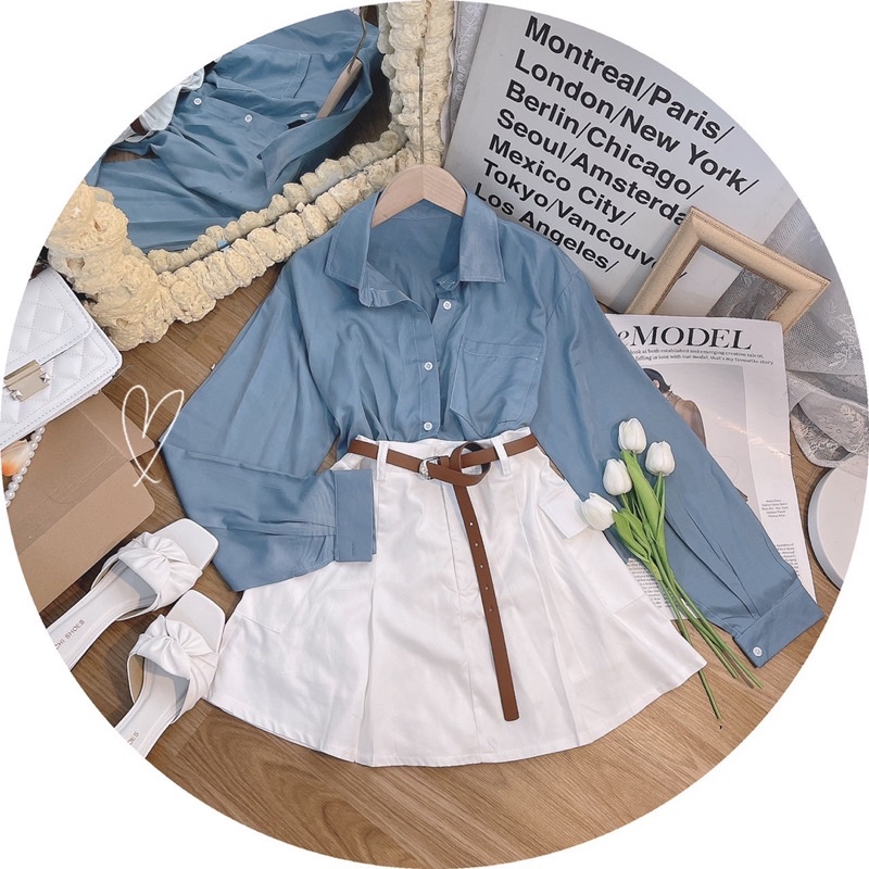 SET SƠ MI XANH TAY DÀI + CHÂN VÁY TRẮNG KÈM BELT