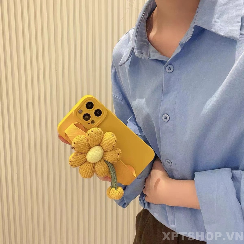 Ốp Điện Thoại Dẻo Họa Tiết Hoa Vàng 3D Có Dây Đeo Tay Bảo Vệ Camera Cho iPhone 14 Pro Max 13 Pro Max 12 Pro Max 11 Pro Max