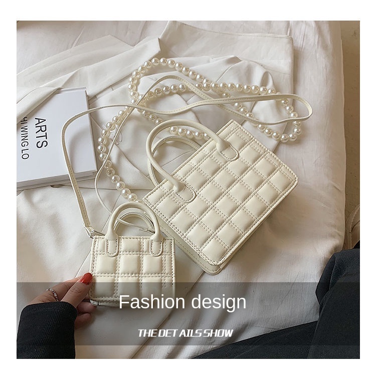 Túi đeo chéo dáng vuông phối dây đeo ngọc trai thời trang mùa hè thanh lịch cho nữ