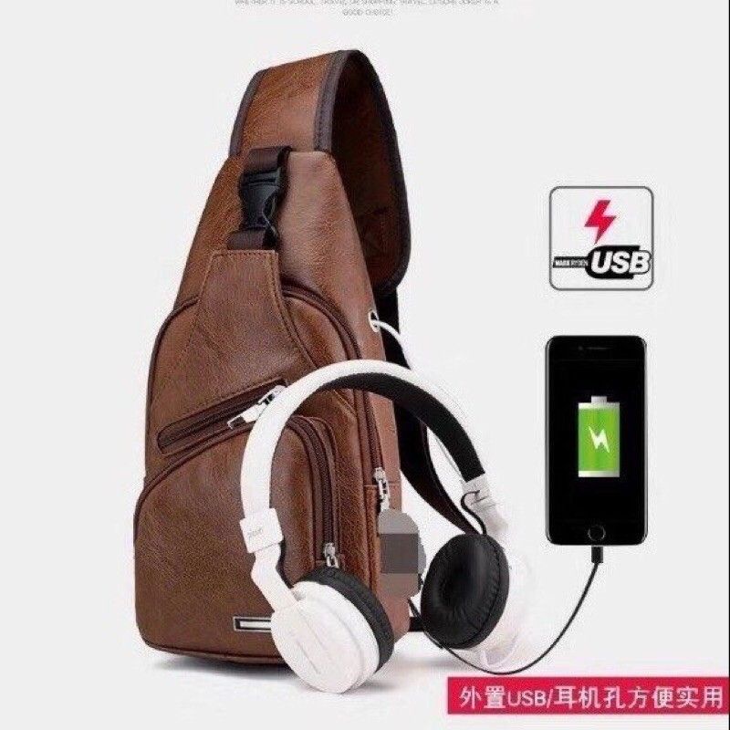 Túi đeo chéo nam đựng Ipad da PU chống nước kết hợp tai nghe cổng sạc USB ST7522