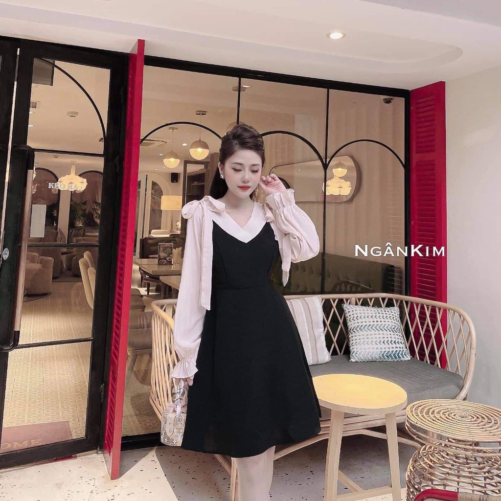 Váy tiểu thư nữ dáng xòe phối tay nơ vai - Đầm thiết kế vải umi Quảng Châu - CM Shop