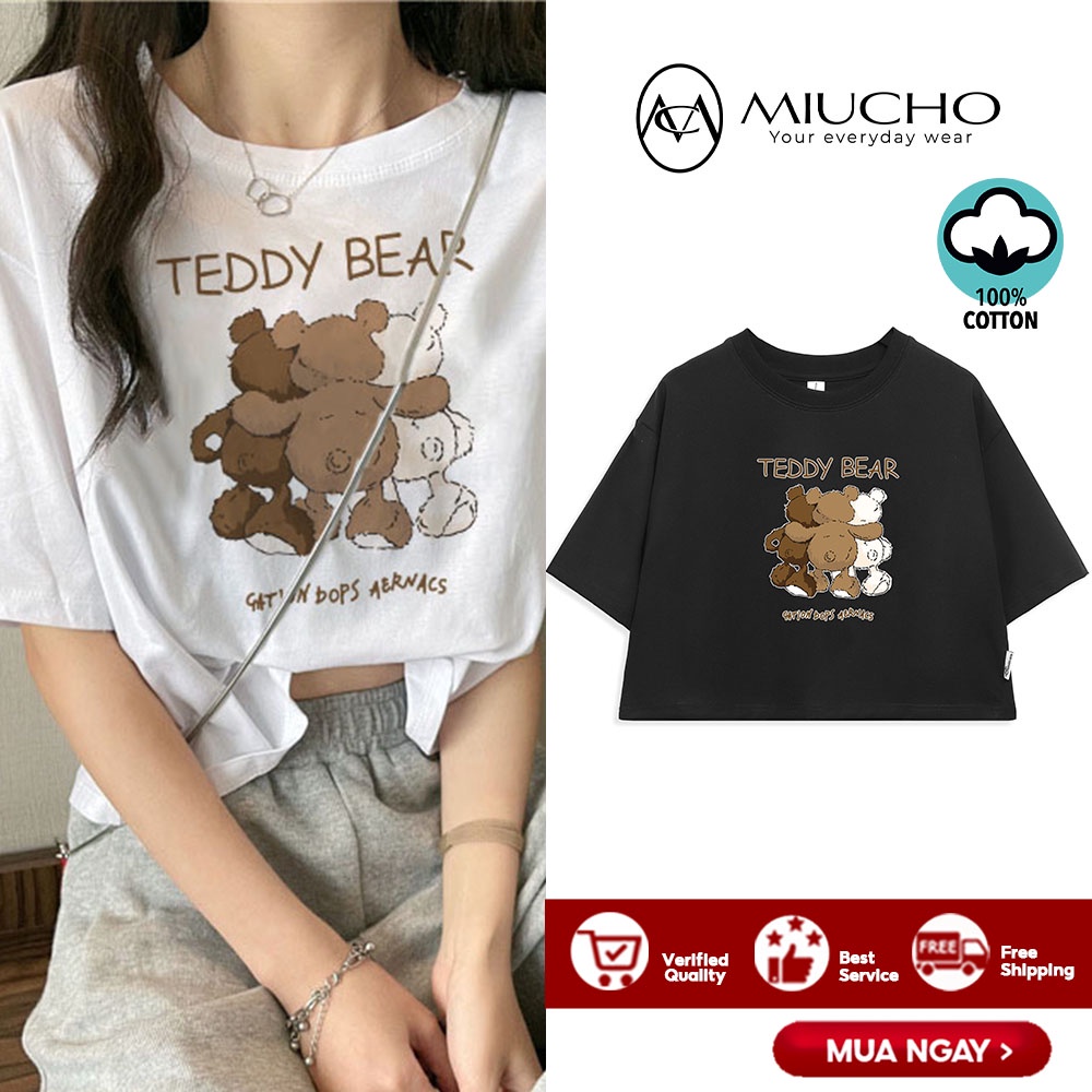 Áo croptop nữ tay ngắn cổ tròn vải thun cotton kiểu hàn quốc CR029 Miucho in hình hoạ tiết