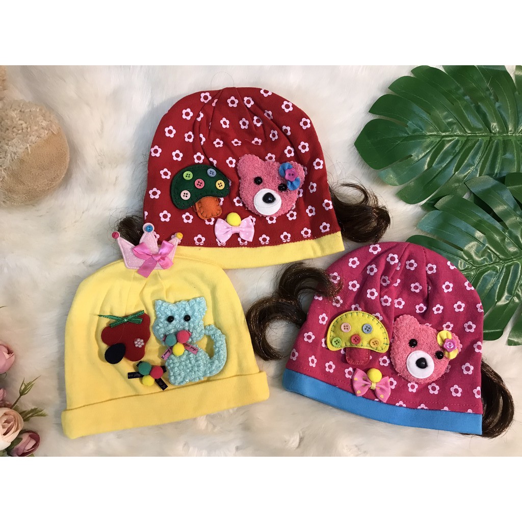 Mũ cotton 3D đính thú/đính tóc giả cho bé từ 6-12 tháng