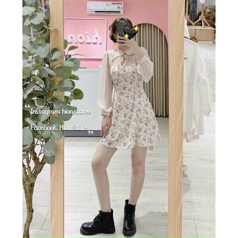 [ Miễn phi ship 2022 ] Đầm hoa hở cột dây cổ phối tay voan, đầm nhí dài tay  xinh xắn phong cách hàn quốc